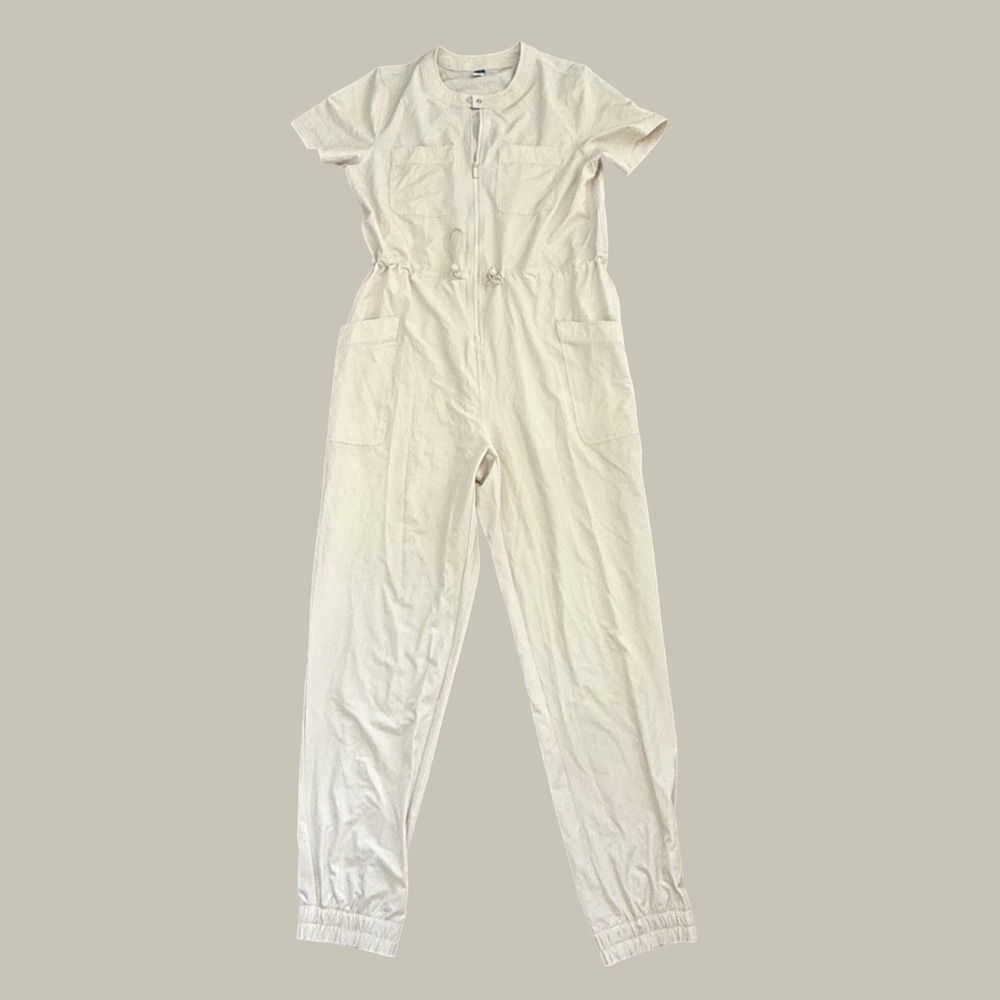 Old Navy Womens StretchTech Utility Jumpsuit Beige Short Sleeve Tall Medium - Picture 2 of 12